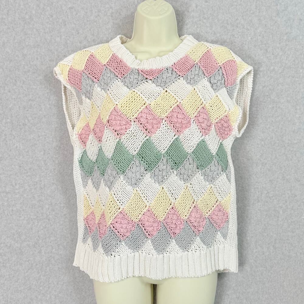Vtg 80s Mixed Knit Sweater Vest Size L Career C.G. Guild Soft Girl Preppy Pastel
